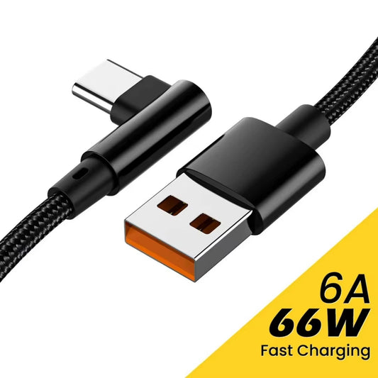 6A 66W USB Type C Cable 90 Degrees Elbow Data Sync Fast Charging USB C Cable for Game for Xiaomi 13 12 11 Redmi Oneplus Honor